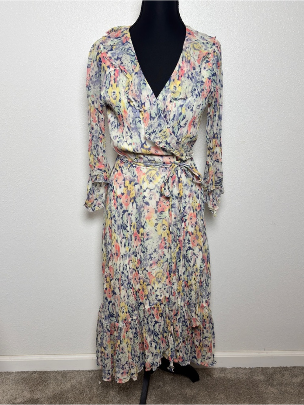 Polo Ralph Lauren Floral Crinkled Chiffon Wrap Dress Size 4 Midi Cottagecore - Picture 2 of 5